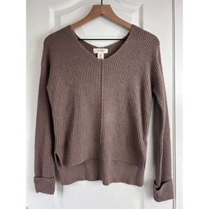Jessica Simpson Women's Waffle Knit V-Neck Sweater High Low Hem Brown Size XS